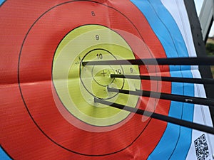Archery targets with a value of nine and ten. Target precision in the middle