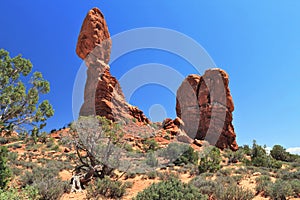 Arches National Park with Balanced Rock in Southwest Desert Landscape, Utah