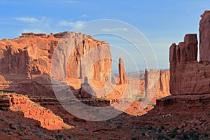 Arches National Park, Park Avenue and Courthouse Towers in Morning Light, Moab, Utah, USA