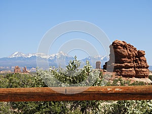 Arches National Park USA Utah Moab Mountain with snow