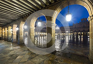 Arches at Plaza Mayor at Salamanca in evening photo