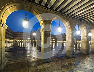 Arches at Plaza Mayor at Salamanca in evening photo