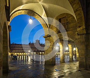 Arches at Plaza Mayor at Salamanca in mornig time photo