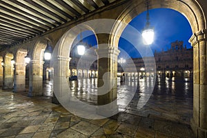 Arches at Plaza Mayor at Salamanca in night photo
