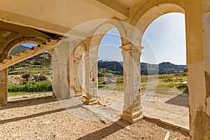 Arches and stairs of derelict Agios Georgios Church, Davlos Cypr