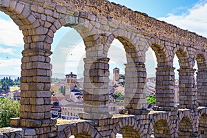 Arches of the Stone Roman Aqueduct of the Unesco city of Segovia in Spain.