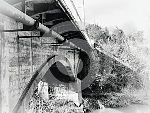 Arches underneath the bridge with wilderness background and graffiti