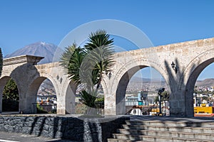 The Arches of Yanahuara Plaza and Misti Volcano on Background - Arequipa, Peru photo