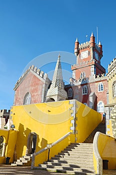 The Arches Yard, chapel and clock tower of Pena National Palace, Sintra, Portugal
