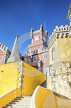 The Arches Yard, chapel and clock tower of Pena National Palace, Sintra, Portugal