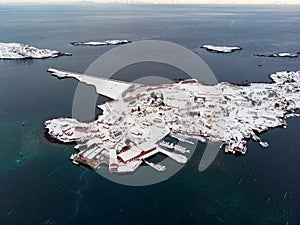 Archipelago with fishing village on coastline in winter at Lofoten islands