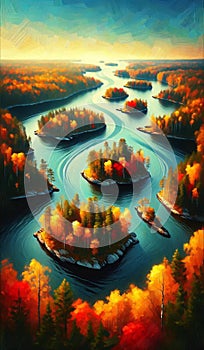 an archipelago in a river, with each tiny island adorned in autumn colors. Painting