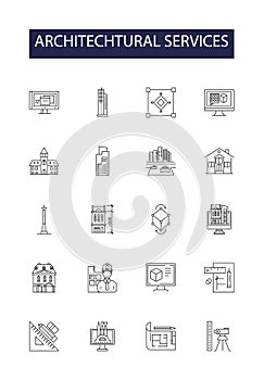 Architechtural services line vector icons and signs. Services, Design, Planning, Structural, Building, Consultation