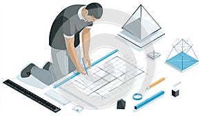 Architect at Blueprint - Drafting Geometric Design with Tools - Isometric View
