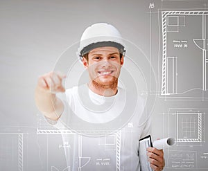 Architect with blueprint pointing at you