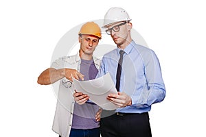 Architect and builder discussing blueprint. Isolated on white.