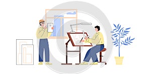 Architect and civil engineer working on project flat vector illustration isolated