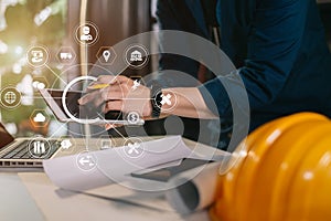 Architect construction engineer plan on hard project at work