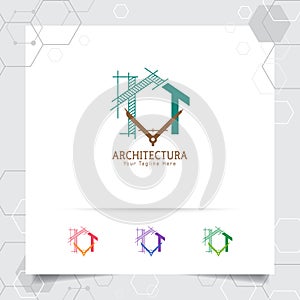 Architect construction logo design concept of architectural sketch of the house. Property logo icon for contractor and real estate