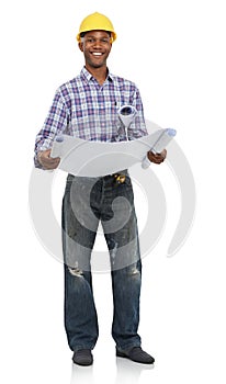 Architect, construction and portrait, black man and blueprint for contractor job and maintenance on white background