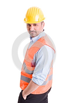 Architect or contractor posing on white background