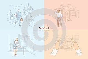 Architect creative work process, man walking towards future town project, woman designing cityscape banner