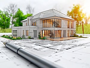 Architect design concept. Modern house model placed on design plan