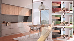 Architect designer concept, hand showing cosy kitchen, dining room colors in different options, interior design project draft,