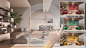Architect designer concept, hand showing minimalist living room with big panoramic window, colors in different options, interior