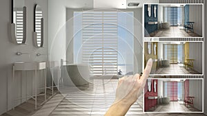 Architect designer concept, hand showing modern bathroom colors in different options, interior design project draft, color picker