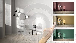 Architect designer concept, hand showing modern bathroom with plaster wall colors in different options, interior design project