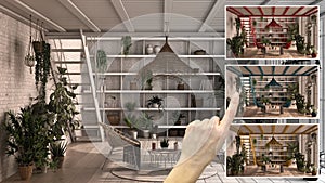 Architect designer concept, hand showing modern conservatory colors in different options, interior design project draft, color