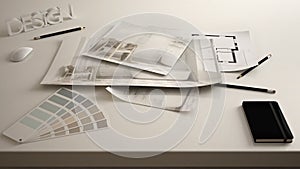 Architect designer concept, table close up with interior renovation draft, bathroom interior design blueprint drawings, sample col