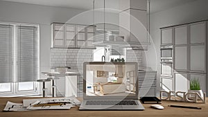 Architect designer desktop concept, laptop on wooden work desk with screen showing interior design project, blurred draft in the b