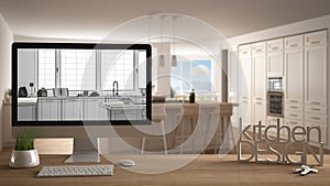 Architect designer project concept, wooden table with house keys, letters kitchen design and desktop showing blueprint CAD sketch,