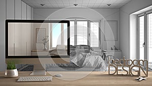 Architect designer project concept, wooden table with keys, 3D letters words bedroom design and desktop showing draft, blueprint C