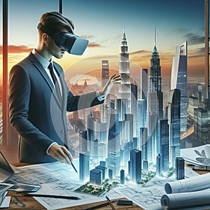 An architect designing a futuristic cityscape in a virtual rea