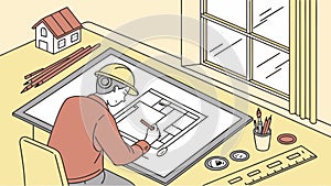 Architect Drawing Building Plans on Drafting Table, vector design Generative AI