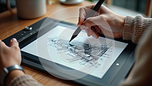 Architect Drawing Construction Sketch on Tablet