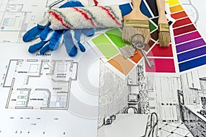 Architect drawing of modern apartament blueprints with color paper material sample on creative desk