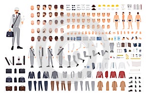 Architect or engineer animation set or constructor kit. Bundle of male cartoon character body parts, emotions, gestures