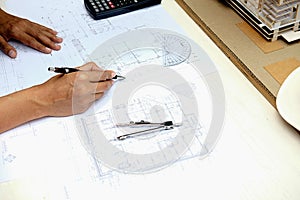 Architect Engineer Design Working on Blueprint Planning Concept.