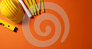 Architect and engineer desk with tools and safety helmet