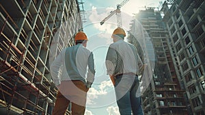 An architect and an engineer standing on scaffolding, overlooking a large construction project, discussing progress and future