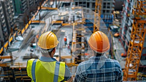 architect and an engineer standing on scaffolding, overlooking a large construction project, discussing progress and future steps