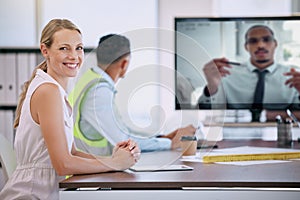 Architect, engineer and woman in virtual video call meeting in office boardroom for remote seminar, workshop and