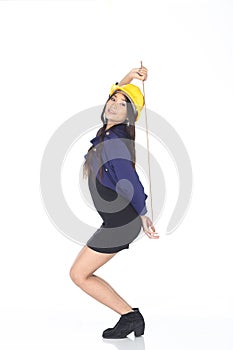 Architect Engineer woman in yellow hard hat, safety jean jacket