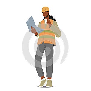 Architect Female Character Wear Helmet and Uniform Hold Laptop. Construction Engineer Working on Building Plan