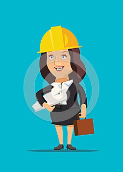 Architect female holding blueprint plans of construction site and building illustration