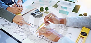 Architect hands working on architecture design, blueprint or floor plan engineering with paper, pencil and planning in